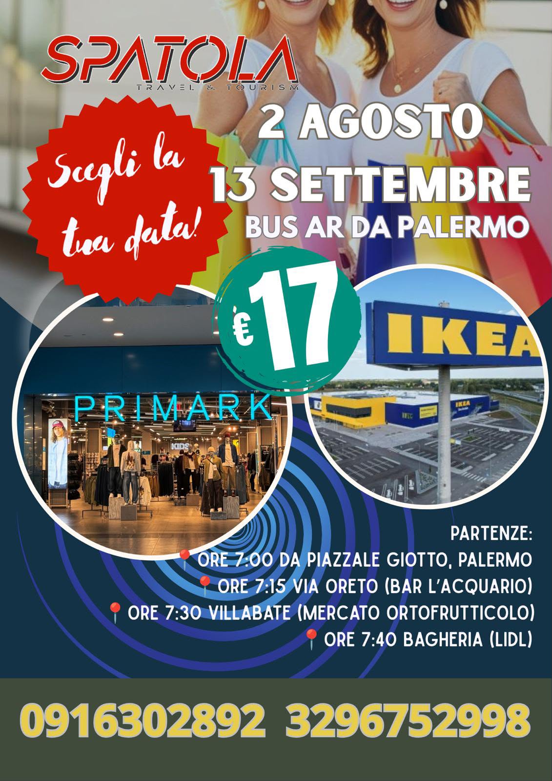 2 AGOSTO/ 13 SETTEMBRE 2026 – Bus navetta AR da Palermo per Primark & Ikea – Catania